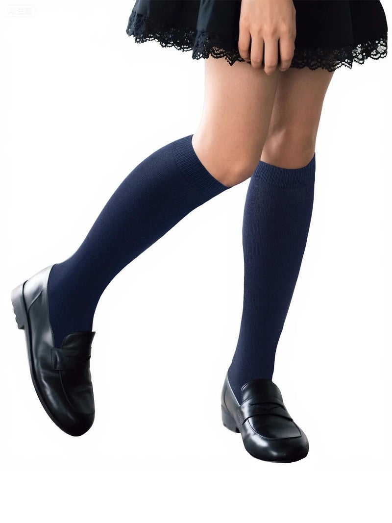 COTTON DAY 3 Pack Kids Girls Soft Knee High School Uniform Dress Socks Seamless Toe 6-8 Years Navy M (8) - Image 1
